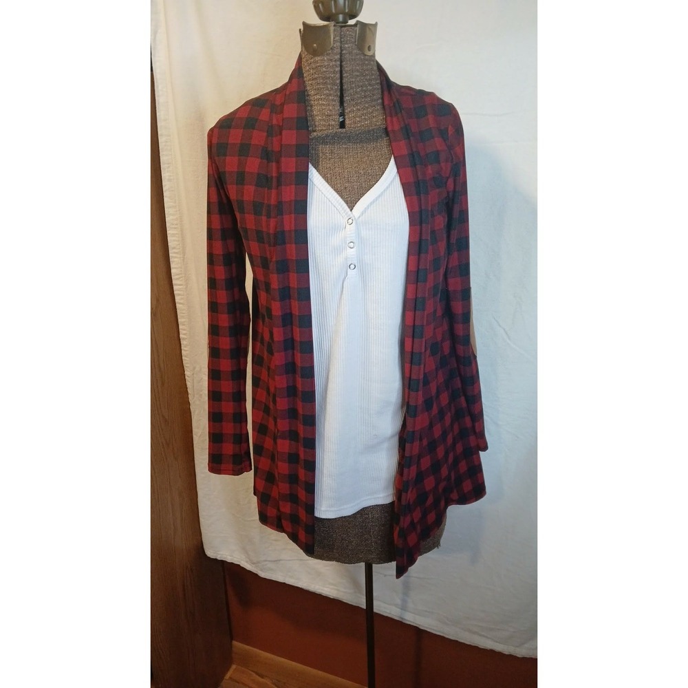 Reborn J Womens Red Black Buffalo Check Cardigan Elbow Patches Medium T1082-CK